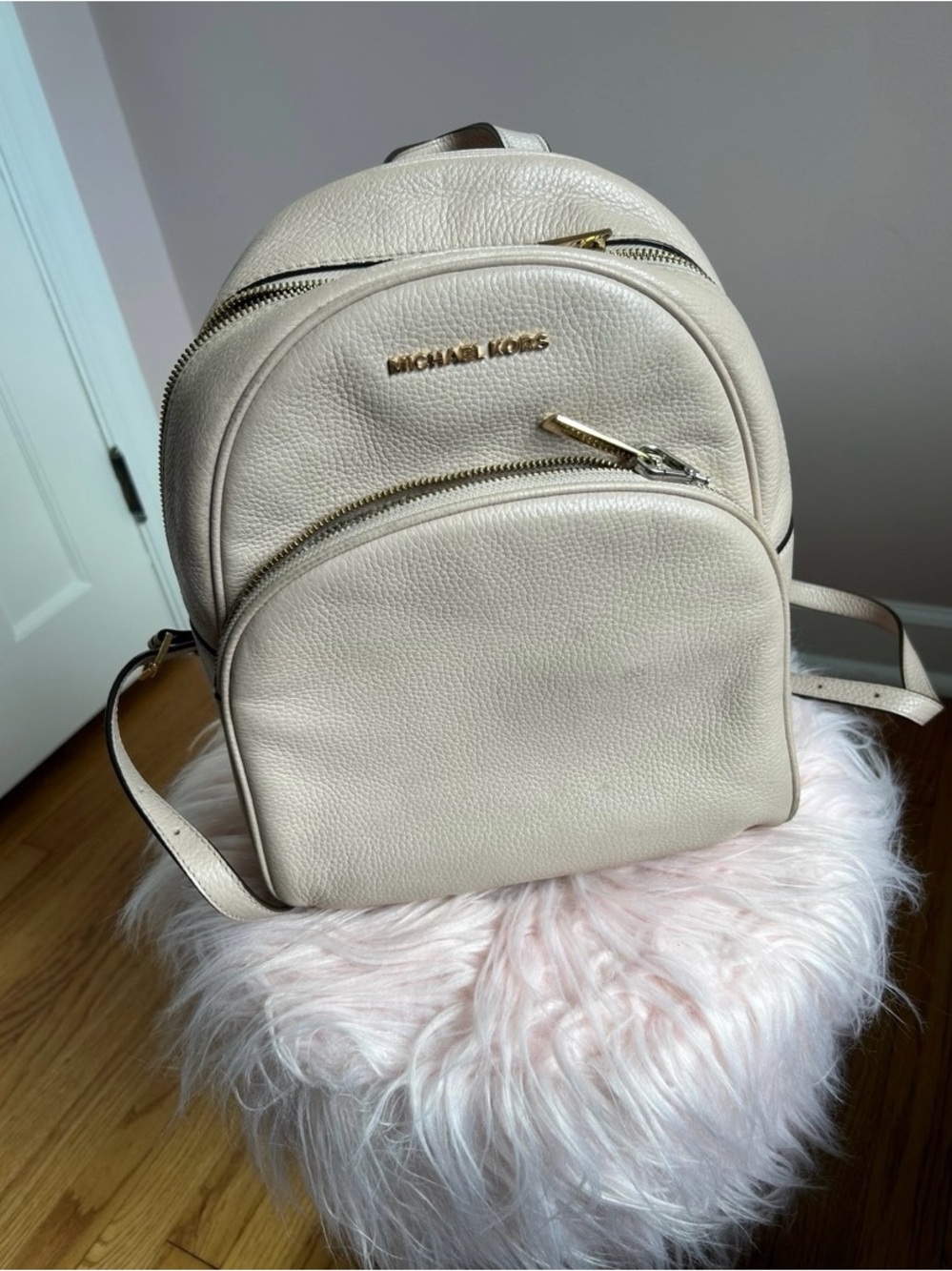 Michael Kors Beige Pebbled Leather Mini Backpack with Gold Hardware